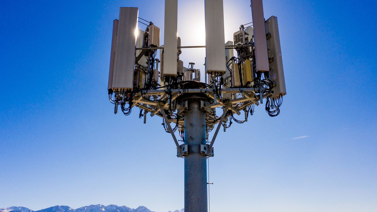 A cell tower in Salt Lake City is pictured on Thursday, Feb. 25, 2021.
