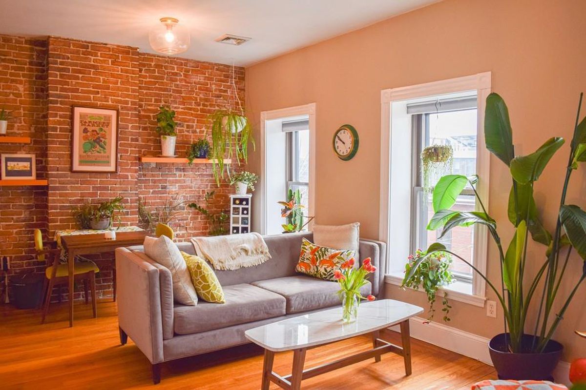 A living room with furniture and a large plant and plenty of exposed brick.
