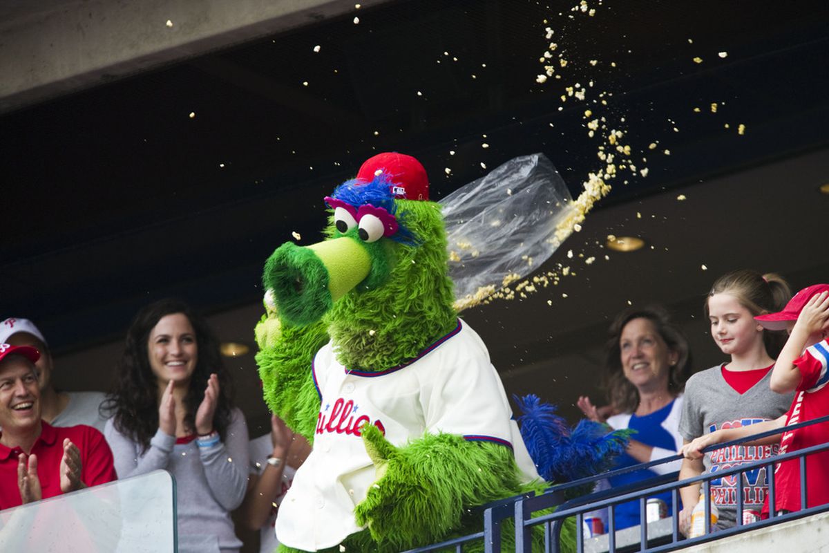 Wasting popcorn? Time to draft a new mascot, Phillies!! Mandatory Credit: Howard Smith-US PRESSWIRE