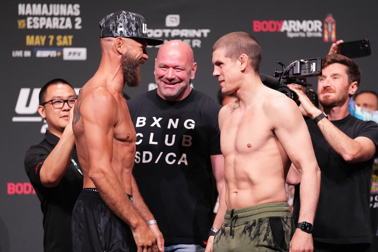 Donald ‘Cowboy’ Cerrone and Joe Lauzon face off during the UFC 274 ceremonial weigh-in at the Arizona Federal Theatre on May 06, 2022 in Phoenix, Arizona.