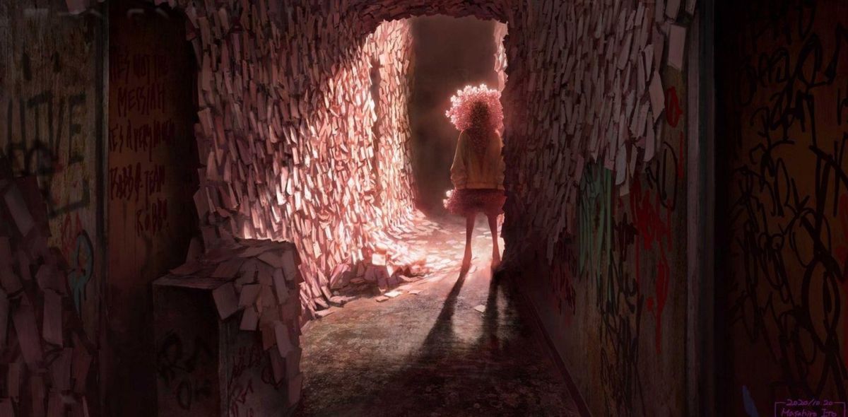 Artwork of a rumored Silent Hill game, featuring a character covered in sticky notes at the end of a hallway