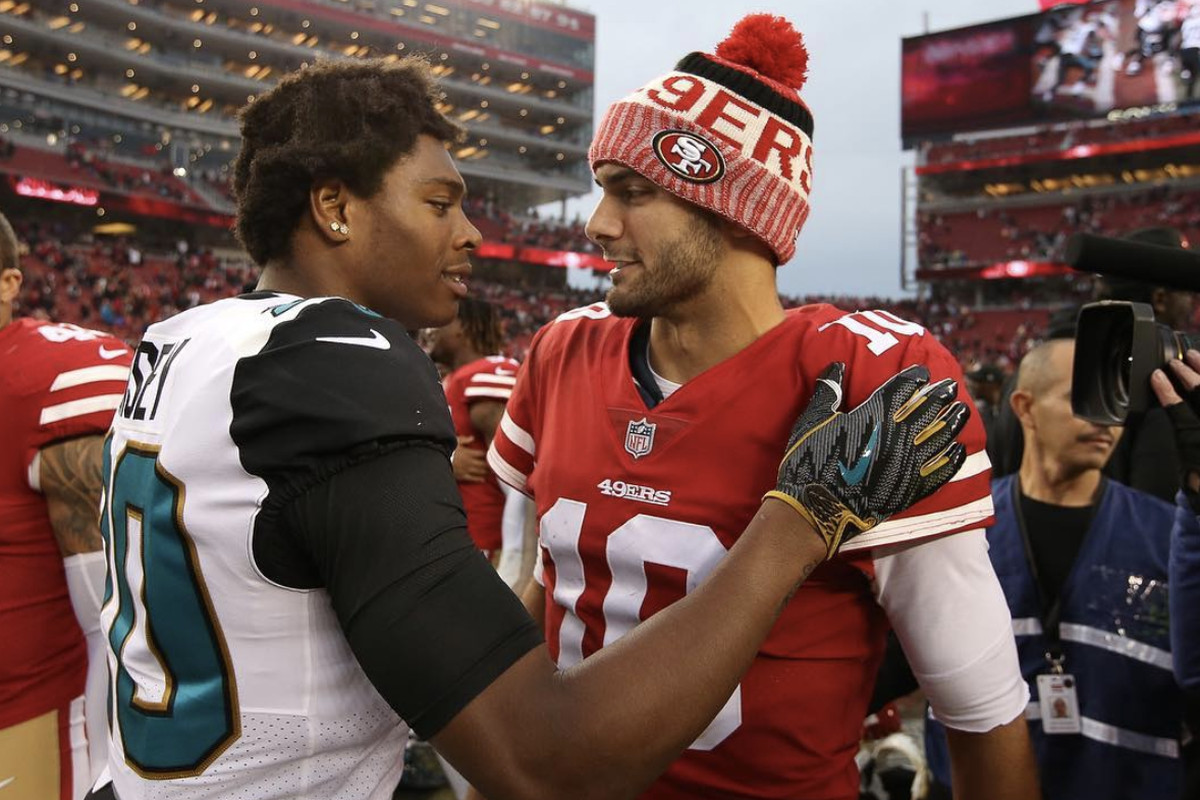 Jimmy Garoppolo and Jalen Ramsey after 49ers-Jaguars game