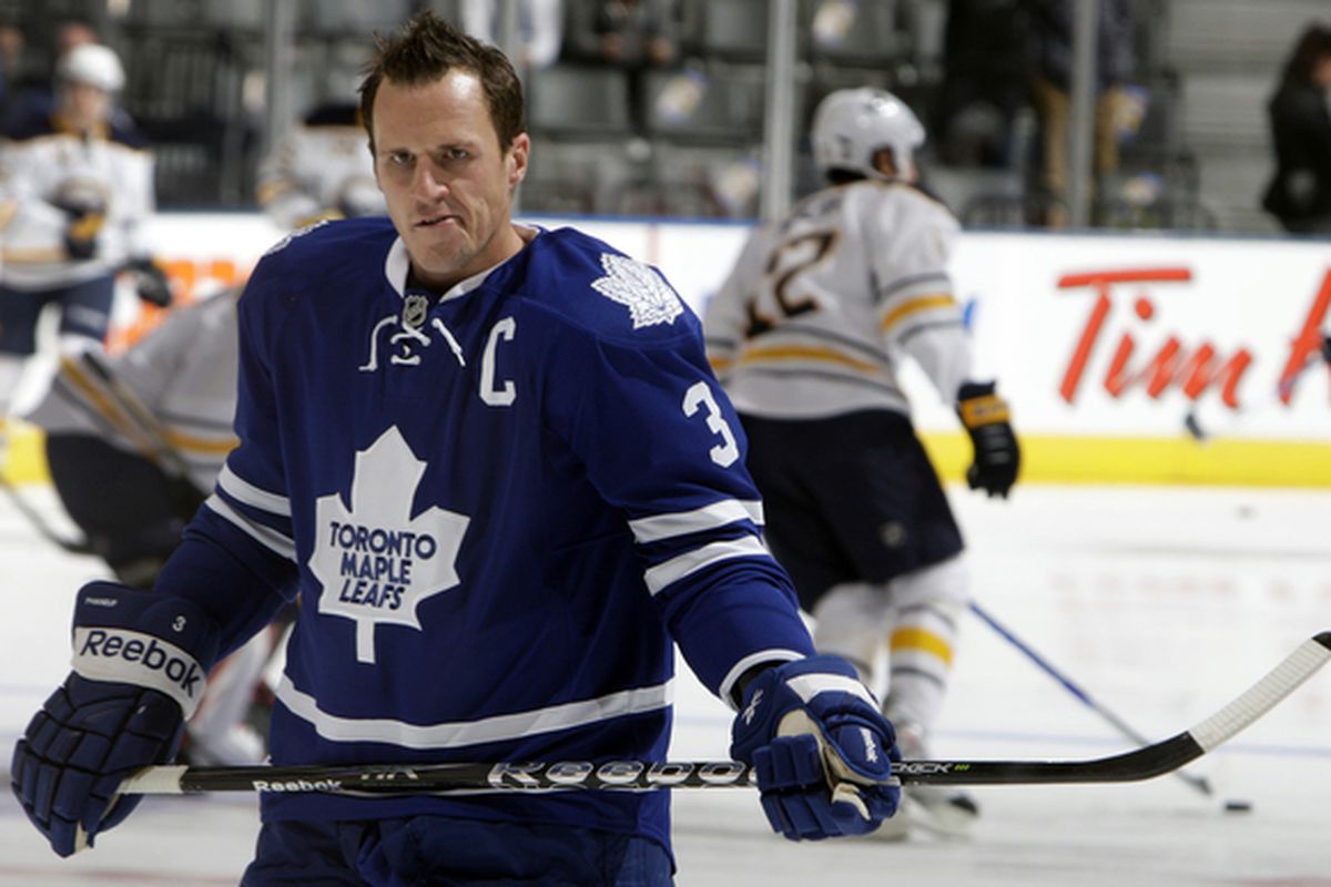 TORONTO - SEPTEMBER 27: Dion Phaneuf #3 of the Toronto Maple Leafs gets his game face on during warmup before a preseason NHL game at the Air Canada Centre September 27 2010 in Toronto Ontario Canada. (Photo by Abelimages/Getty Images)