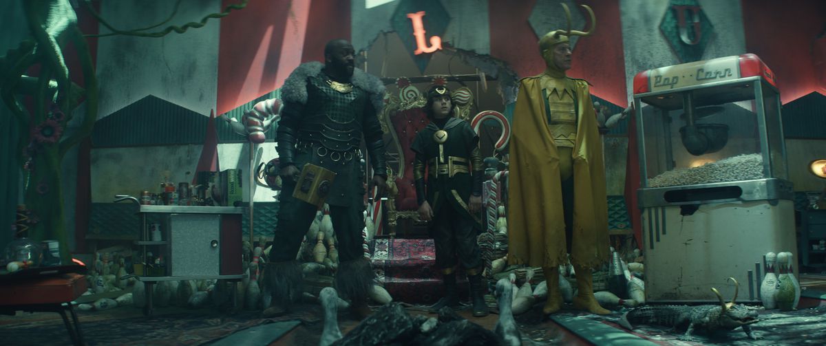 Alternate Lokis Classic Loki, Boastful Loki, Kid Loki, and Alligator Loki survey their hideout in Loki