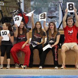 Judges score a belly-flop competition at the Ute Natatorium in Salt Lake City on Friday, Feb. 6, 2015.