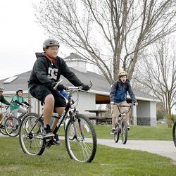 Students of the Entheos Academy, a charter school in Kearns, begin pedaling at the seventh annual Pedals for Hope fundraiser at the Jordan River Parkway Trail at 5300 South on Friday, April 19, 2013. Pedals for Hope is a bicycle ride that raises funds to fight cancer. The eighth-grade students collect pledges for how many miles they ride as well as writing to local businesses for donations. Companies who participated in donating $100 or more get their logo on the back of the T-shirts, designed by the students, which they wear during the bike ride. All of the money raised goes to Huntsman Cancer Institute for cancer research.