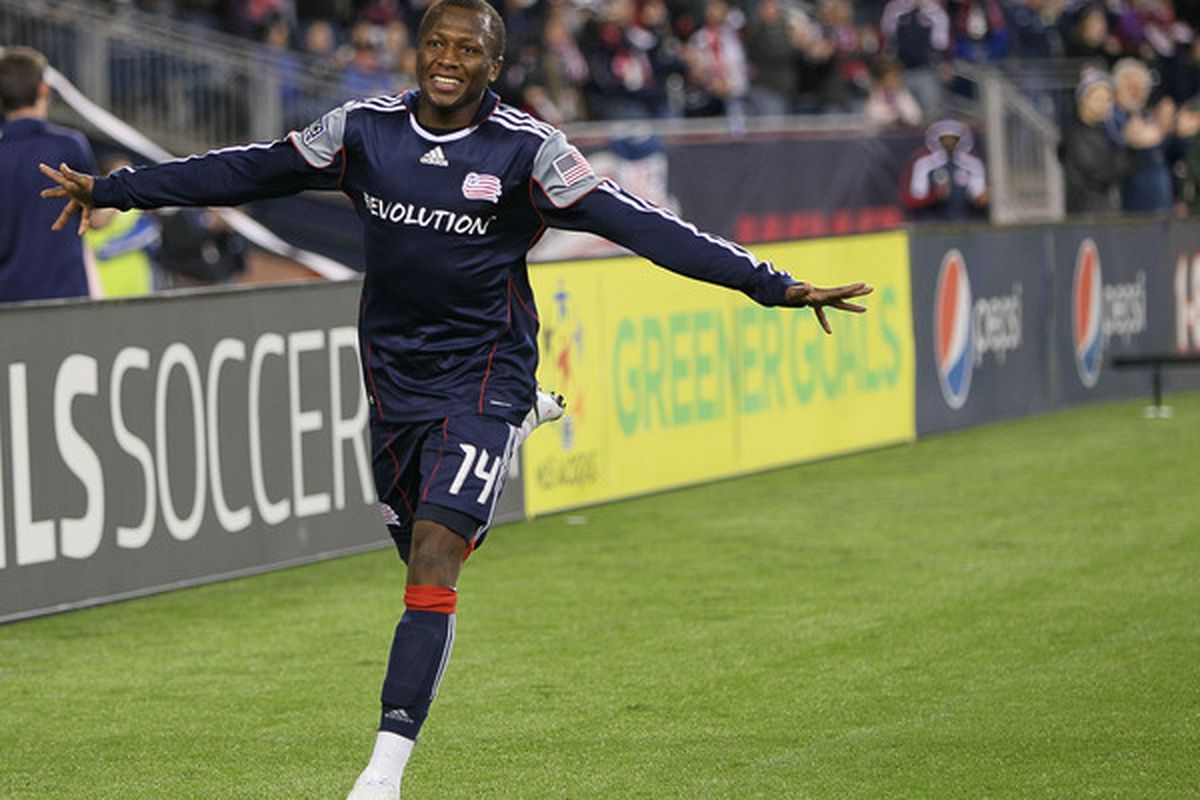 FOXBORO, MA - APRIL 10:  Sainey Nyassi #14 of New England Revolution celebrates his goal against the Toronto FC by at Gillette Stadium on April 10, 2010 in Foxboro, Massachusetts. (Photo by Jim Rogash/Getty Images)