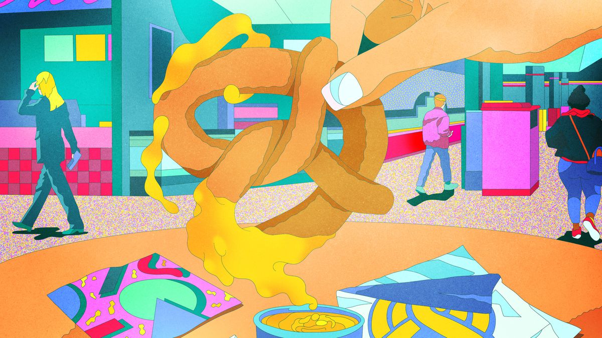 An illustrated large pretzel is being dipped into a cup of yellow cheese, with a mall food court in the background.