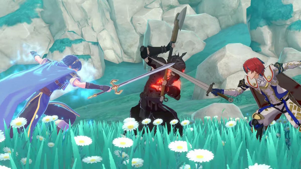 Marth and Alear attack a demon enemy in Fire Emblem Engage