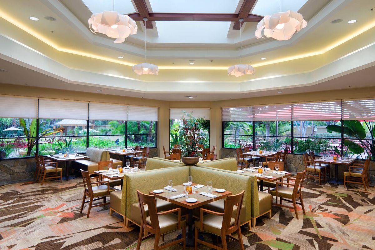 A carpeted dining room inside a hotel with lots of greenery out the windows.