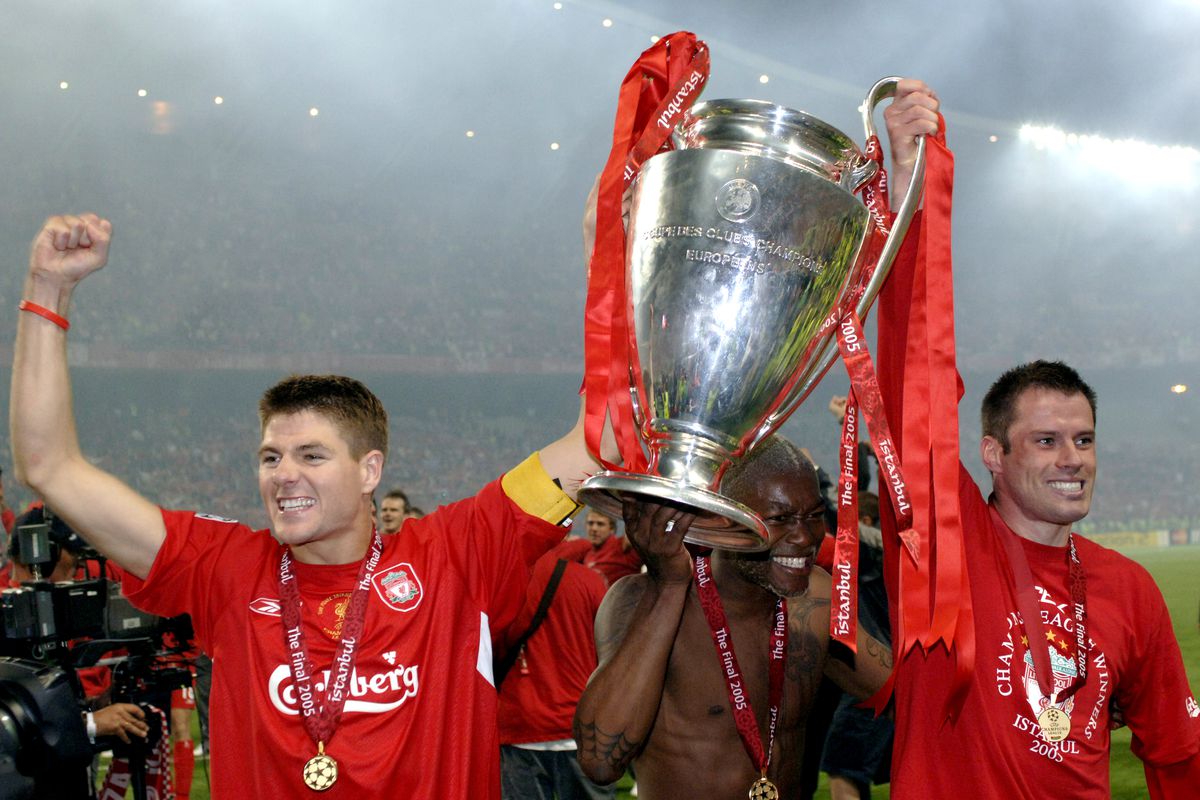 BT Sport, Football, UEFA Champions League Final, 25th May 2005, Ataturk Stadium, Istanbul, AC Milan 3 v Liverpool 3, ( Liverpool won 3-2 on penalties), Liverpool captain Steven Gerrard and Jamie Carragher celebrate with the trophy
