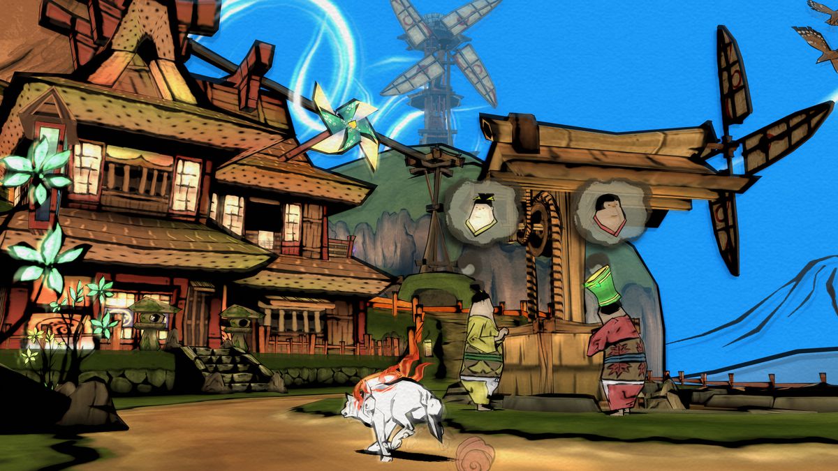 The white wolf in Okami HD is running through a small village.