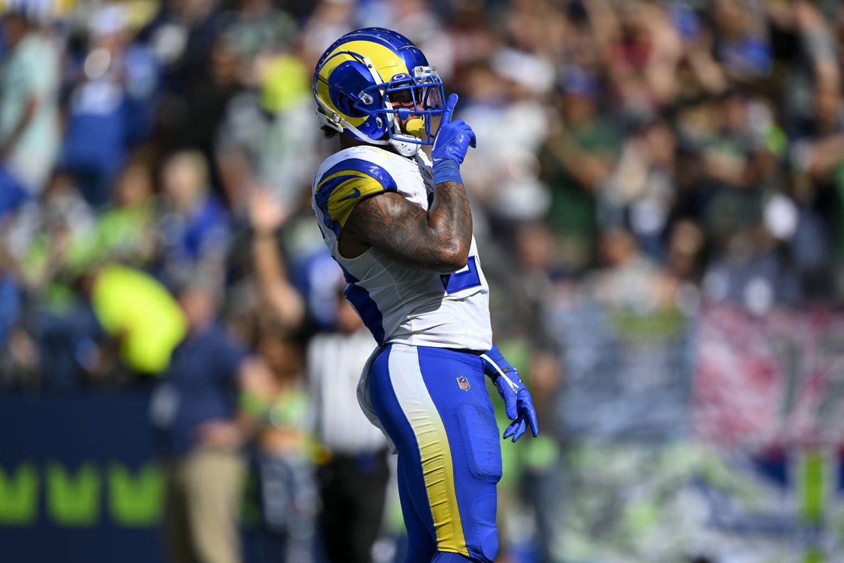 Kyren Williams of the Los Angeles Rams gestures during the game against the Seattle Seahawks at Lumen Field on September 10, 2023 in Seattle, Washington. The Los Angeles Rams won 30-13.