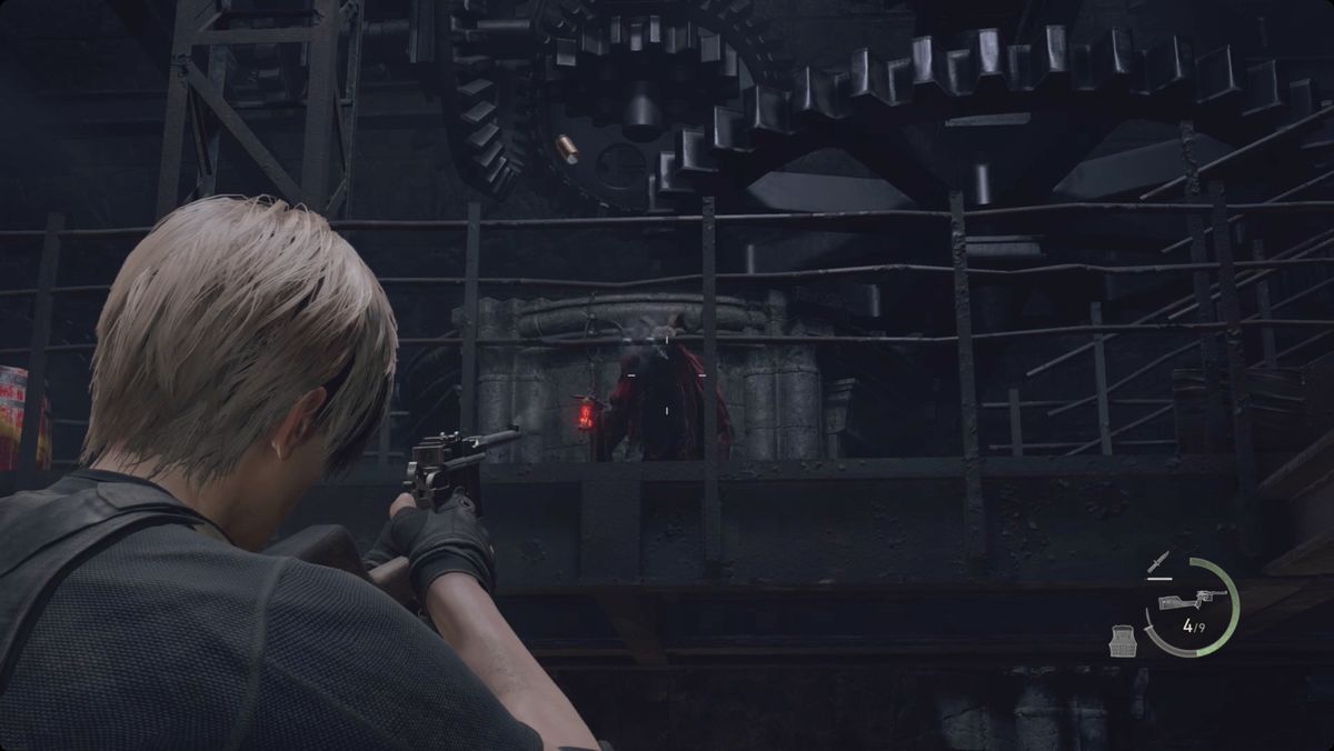 Resident Evil 4&nbsp;remake&nbsp;Leon aiming at a red-robed zealot.