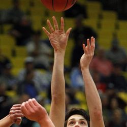Bingham's Brady Atkin shoots over a Viewmont player in the first round of the 5A boys basketball tournament at the UCCU Events Center in Orem, Tuesday, March 1, 2016.
