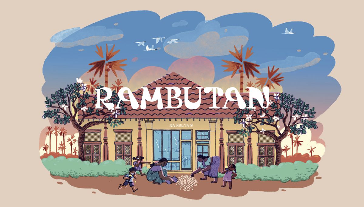 An illustration of a modernist Sri Lankan property, with palm trees on a blue sky, with the word “Rambutan” in white all capital letters, the font a little dreamlike