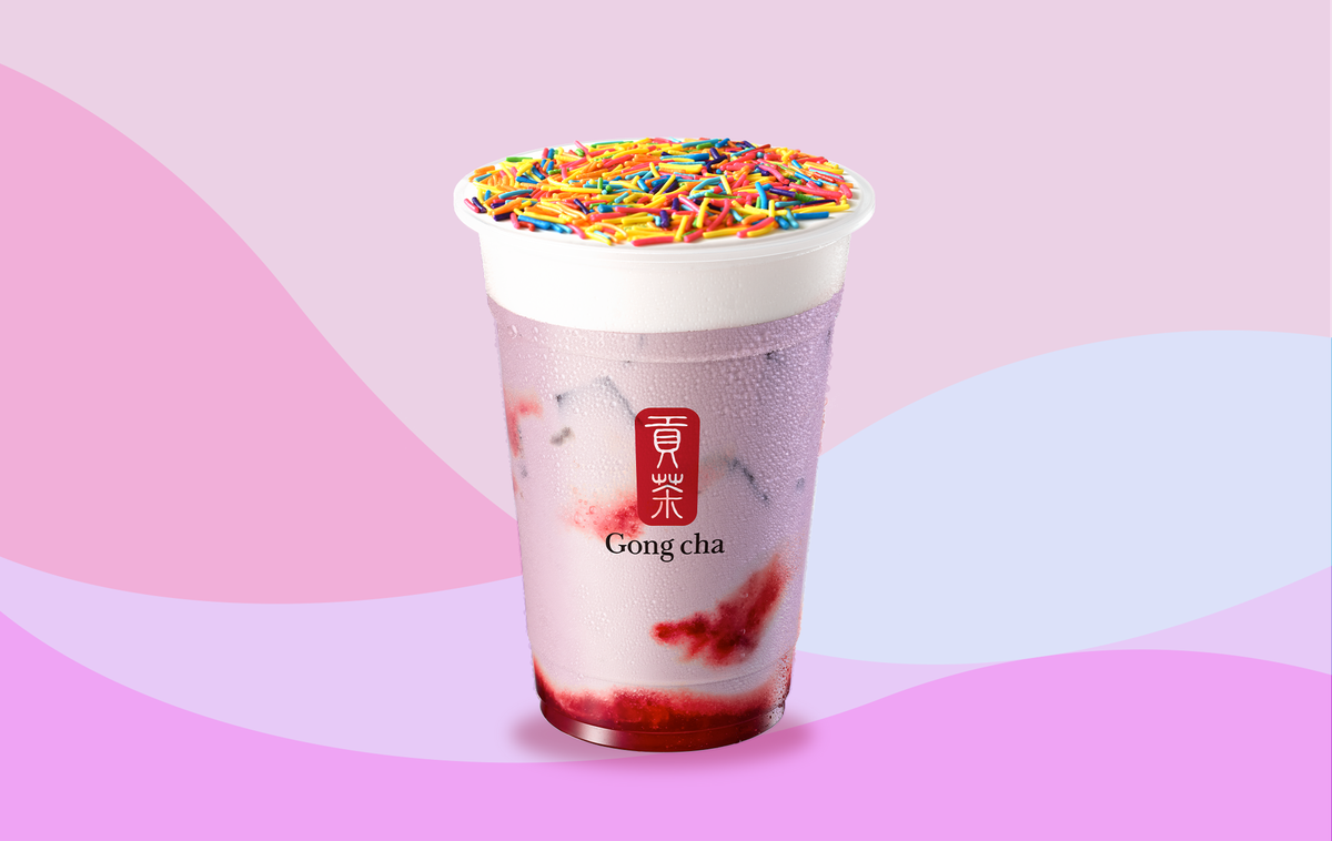 Gong cha’s tea topped with milk foam and rainbow sprinkles.