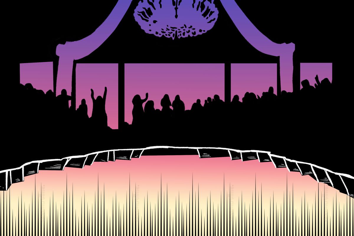 Illustration of an Indian wedding with a crowd of people in silhouette