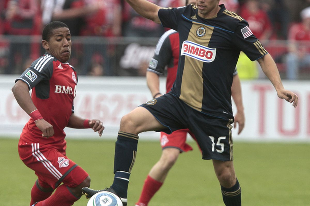 TORONTO, CANADA - MAY 28: Joao Plata #7 of Toronto FC catches Gabriel Farfan #15 of Philadelphia Union during MLS action at BMO Field May 28, 2011 in Toronto, Ontario, Canada. (Photo by Abelimages/Getty Images)