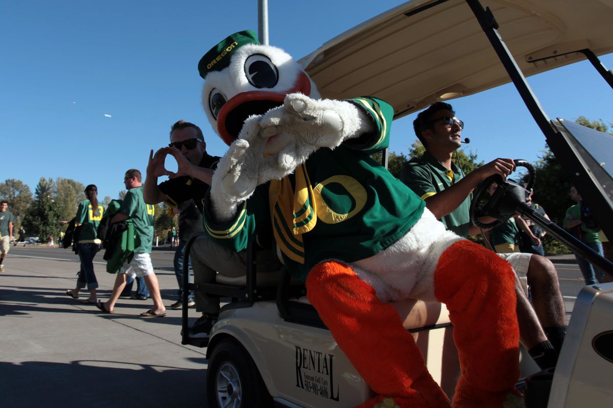 September 1, 2012; Eugene, OR, USA; Oregon Ducks mascot rides in a golf cart before the game against the Arkansas State Red Wolves at Autzen Stadium. Mandatory Credit: Scott Olmos-US PRESSWIRE