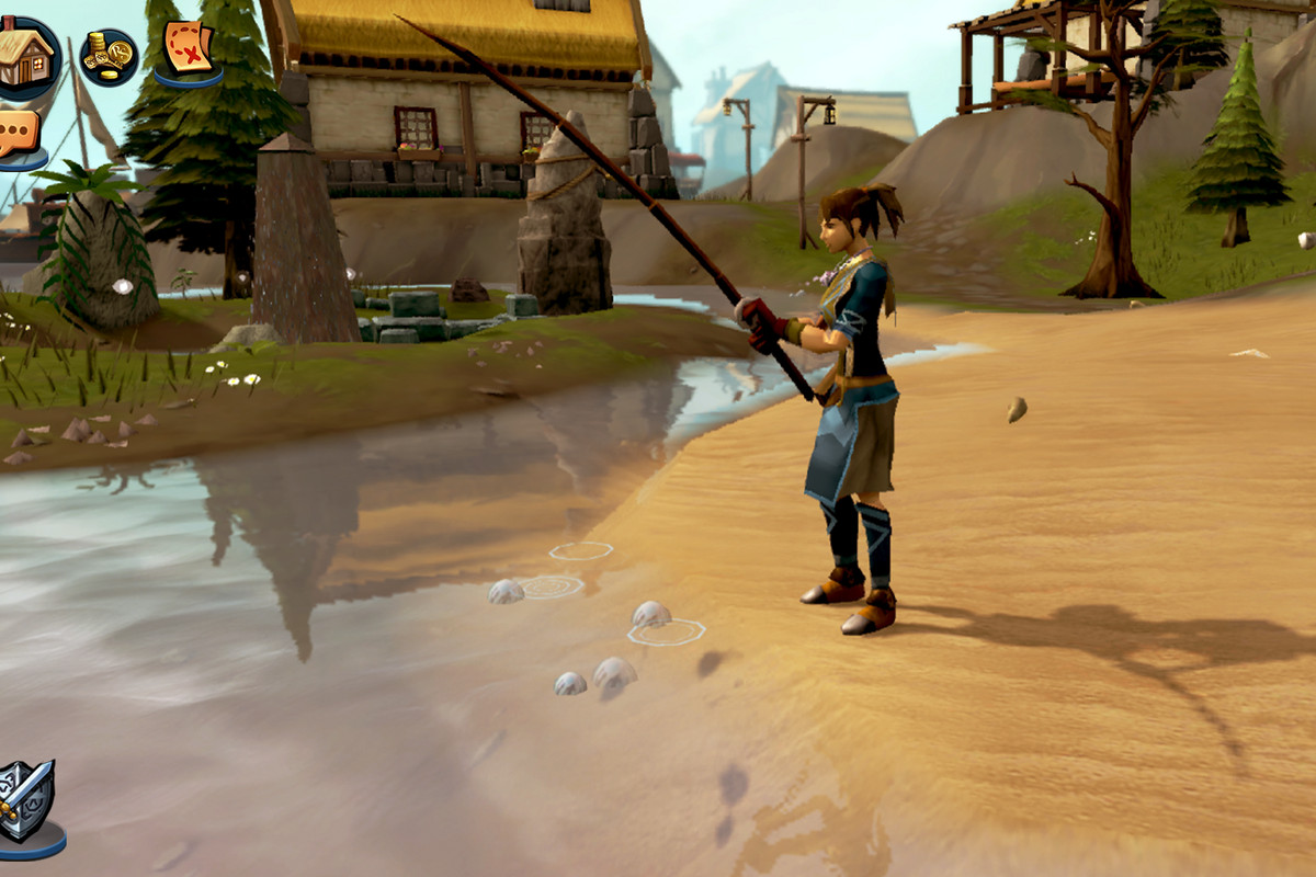 RuneScape Mobile - a player stands on the shore of a village, fishing.