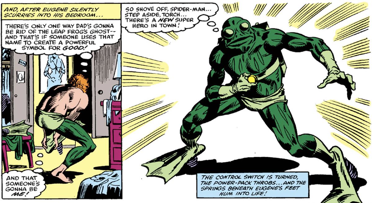 Eugene Patilio/Frog-Man, dons his father's jumping boat frog costume for the first time.  