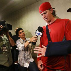 Los Angeles Angels pitcher Jered Weaver talks to the media about his injured left elbow during a news conference before a baseball game against the Oakland Athletics in Anaheim, Calif. Tuesday, April 9, 2013. 