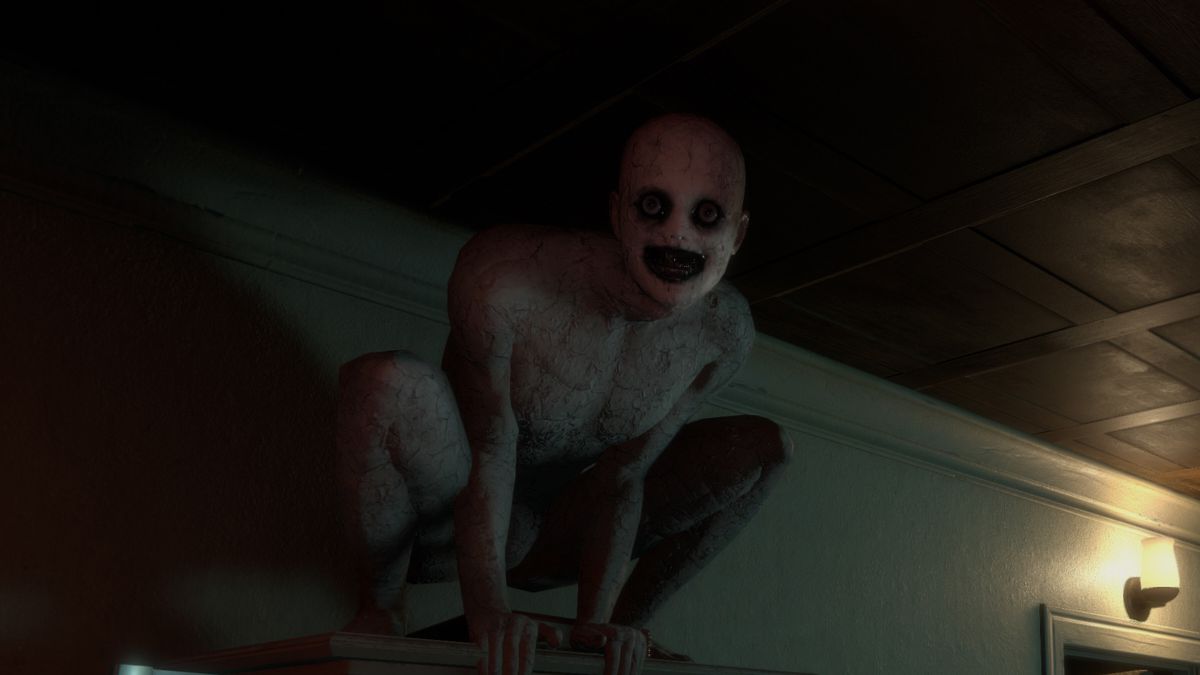 a terrifying demon perches on top of a cabinet at the mortuary’s workshop in the video game The Mortuary Assistant.