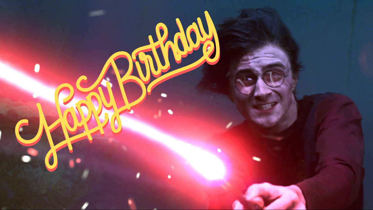 Harry Potter grips his wand with a pained expression on his face. His hair is tousled and he’s exerting a lot of effort. There is a jet of red light shooting out of his wand. Flowing text in the left corner of the image reads Happy Birthday.