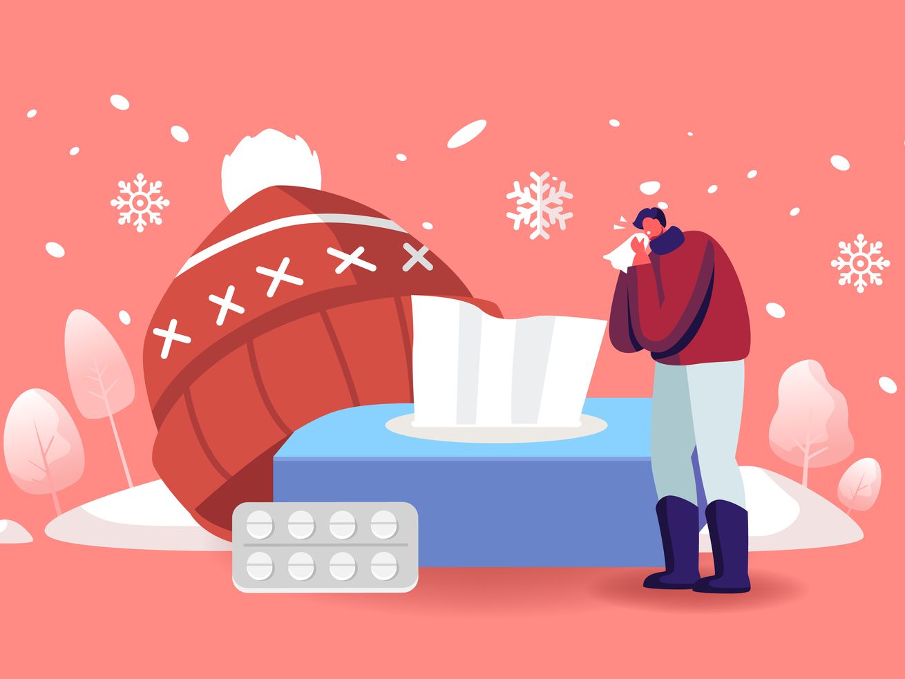 Illustration of a snowy scene containing a huge box of tissues, a blister pack of pills, a large warm hat, and a small person blowing their nose.