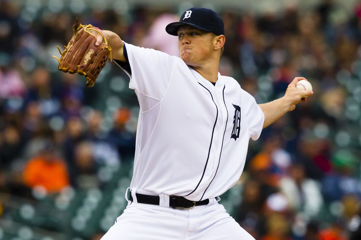 June 1, 2012; Detroit, MI, USA; Detroit Tigers starting pitcher Casey Crosby (45) pitches during the first inning against the New York Yankees at Comerica Park. Mandatory Credit: Rick Osentoski-US PRESSWIRE