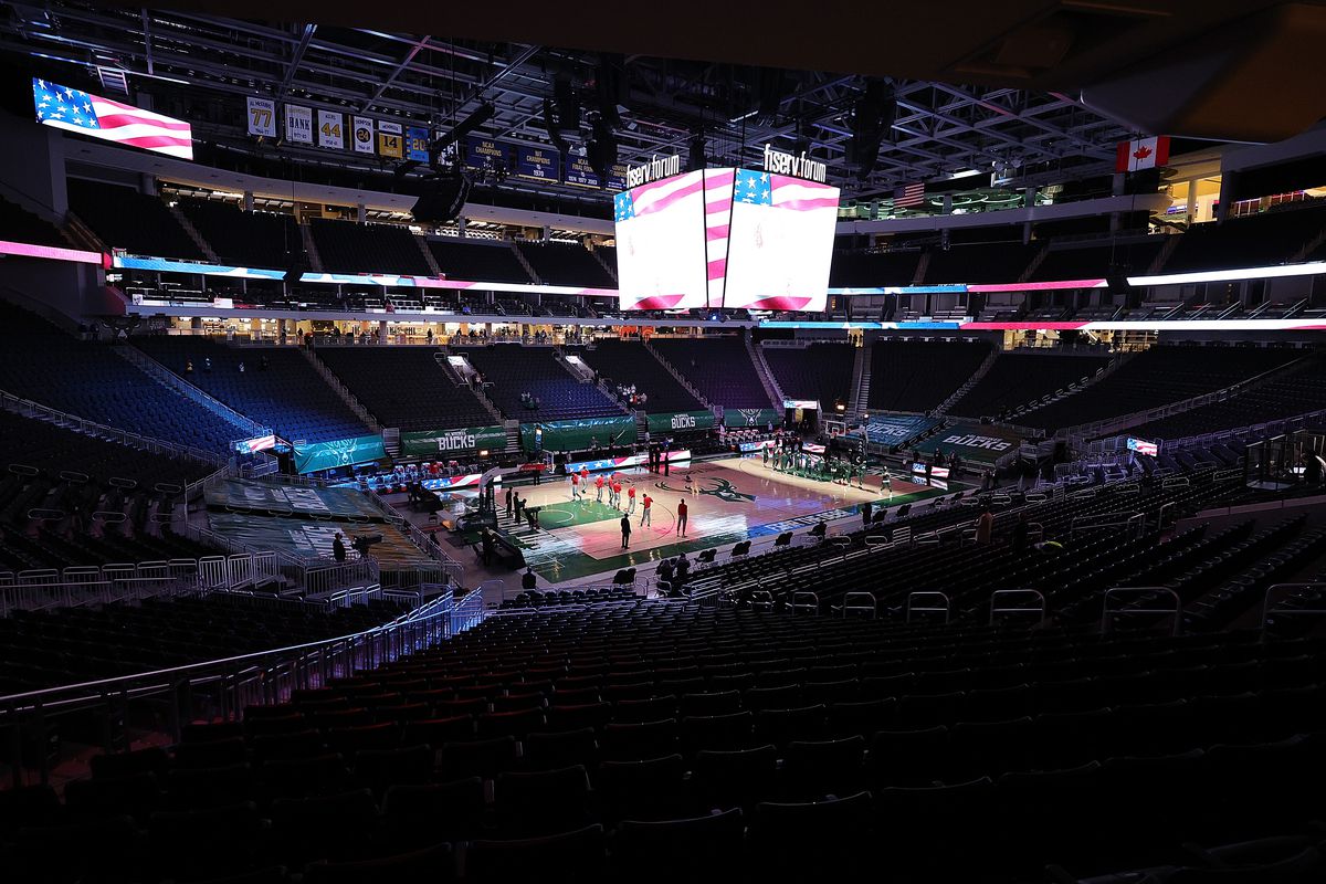 A general view of the Fiserv Forum during the National Anthem prior to a game between the Milwaukee Bucks and the Toronto Raptors on February 16, 2021 in Milwaukee, Wisconsin.