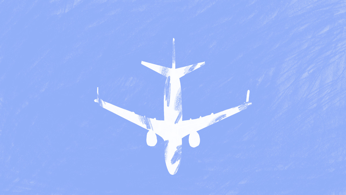 A white silhouette of a Boeing 737 Max airplane is passing in the sky overhead. The shape has blue scribbles within it.