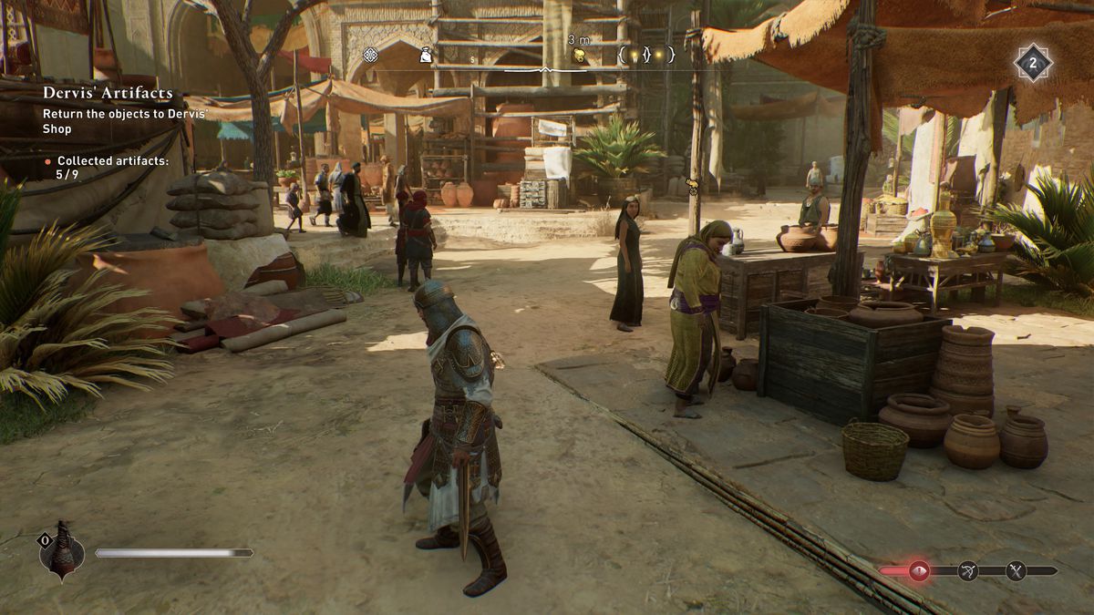 Basim stands by a stall in AC Mirage while looking for Dervis’ Artifacts locations.