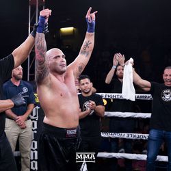 Ricco Rodriguez celebrates his win on Saturday night at Bare Knuckle FC inside Cheyenne Ice & Events Center in Wyoming. 
