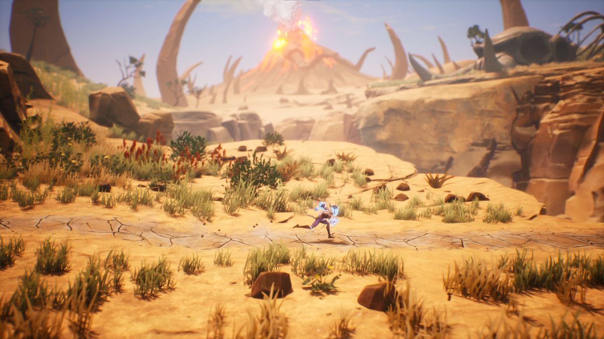 A small figure of a shaman runs left to right through a desert landscape