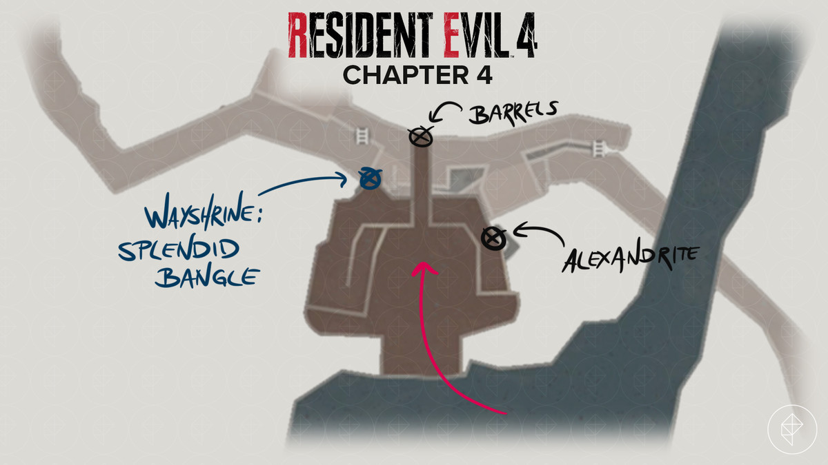 Resident Evil 4&nbsp;remake&nbsp;map showing items around the first Wayshrine.