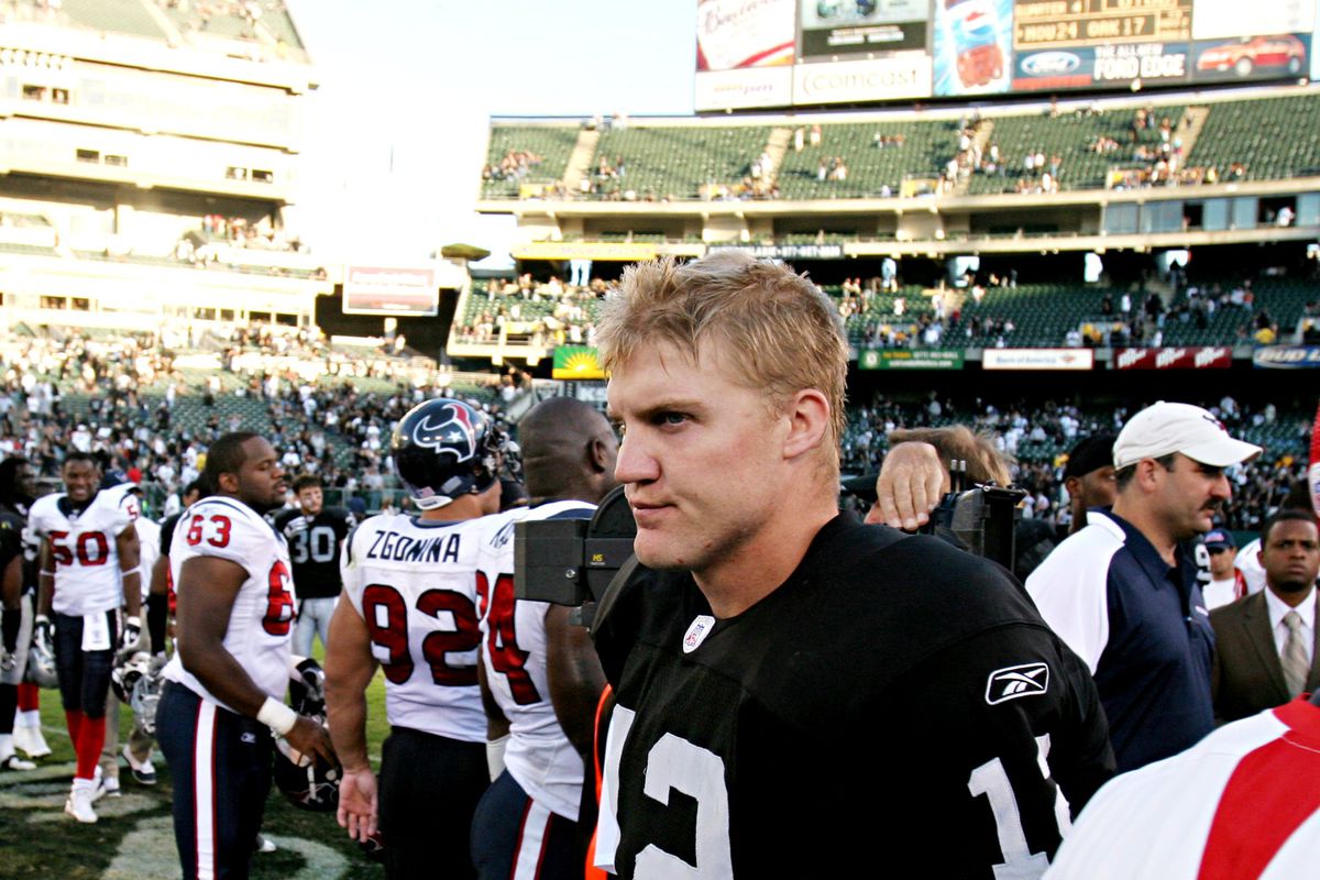 Oakland Raiders quarterback Josh McCown (12) walks off the field at the end of an NFL football game against the Houston Texans, Sunday, Nov. 4, 2007 at McAfee Coliseum in Oakland, Calif. The Texans won, 24-17. (D. Ross Cameron/The Oakland Tribune)