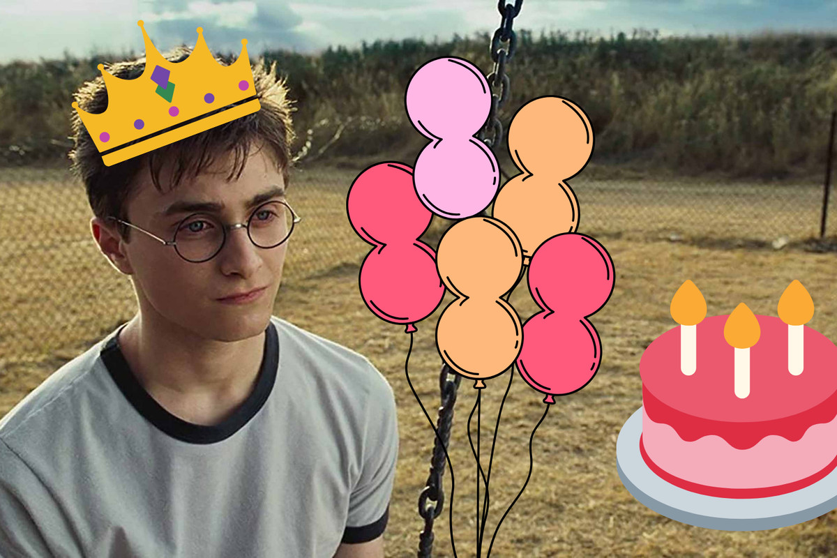Harry Potter sits moodily on a swing set. A clip art crown rests upon his head, with a clip art balloon and cake near him.