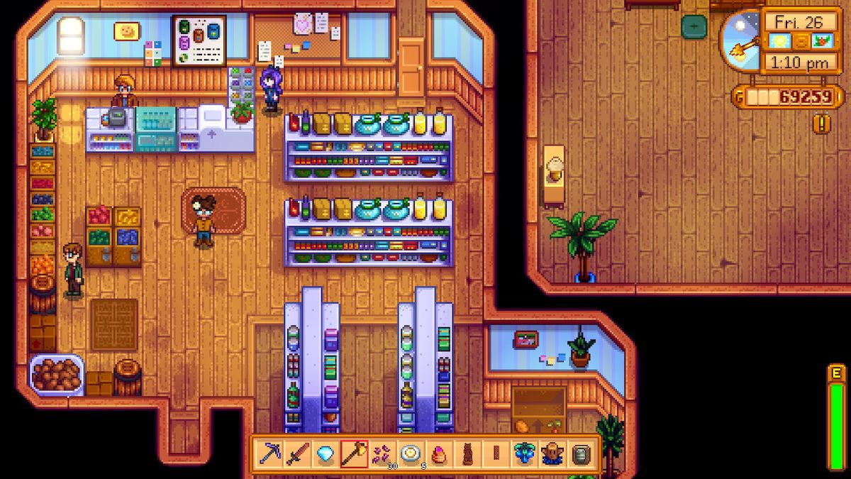 a stardew valley character stands in a local general store