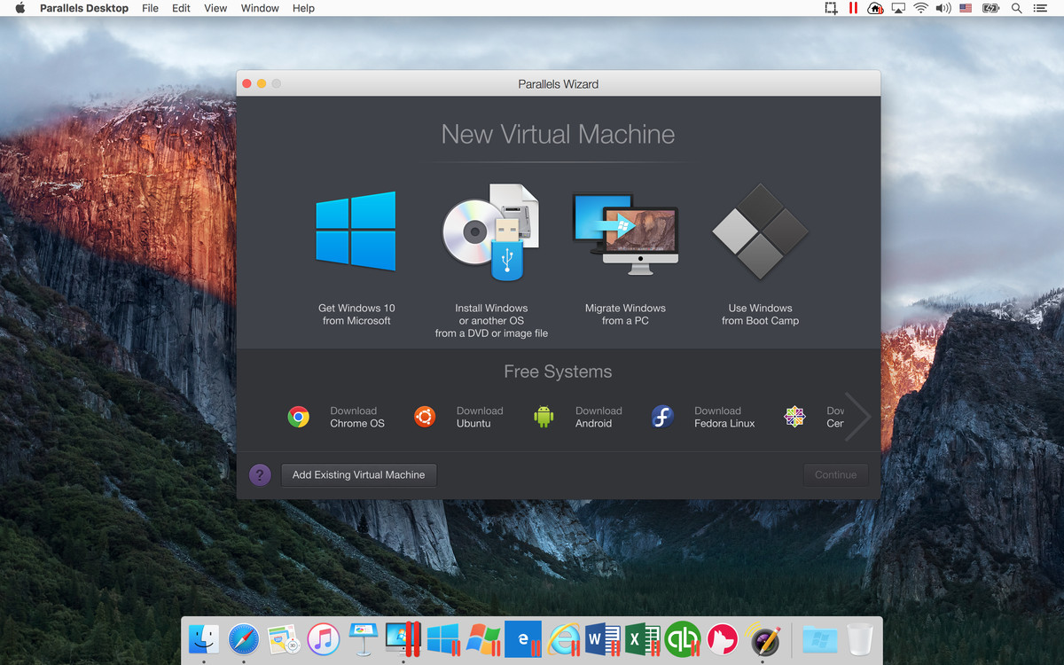 A screenshot of Sierra running in the background and the Parallels Desktop Wizard in the foreground, with the words "New Virtual Machine."