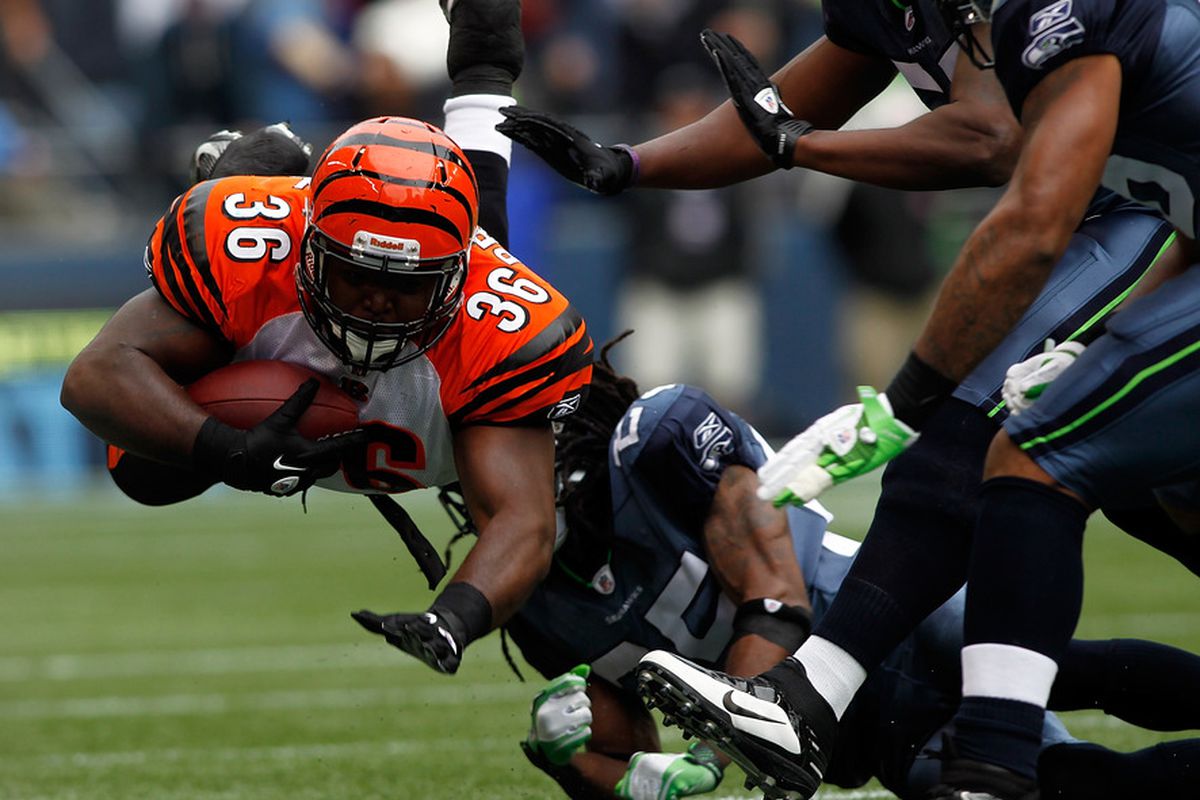 SEATTLE - OCTOBER 30:  Chris Pressley #36 of the Cincinnati Bengals runs the ball against the Seattle Seahawks on October 30, 2011 at Century Link Field in Seattle, Washington.  (Photo by Jonathan Ferrey/Getty Images)