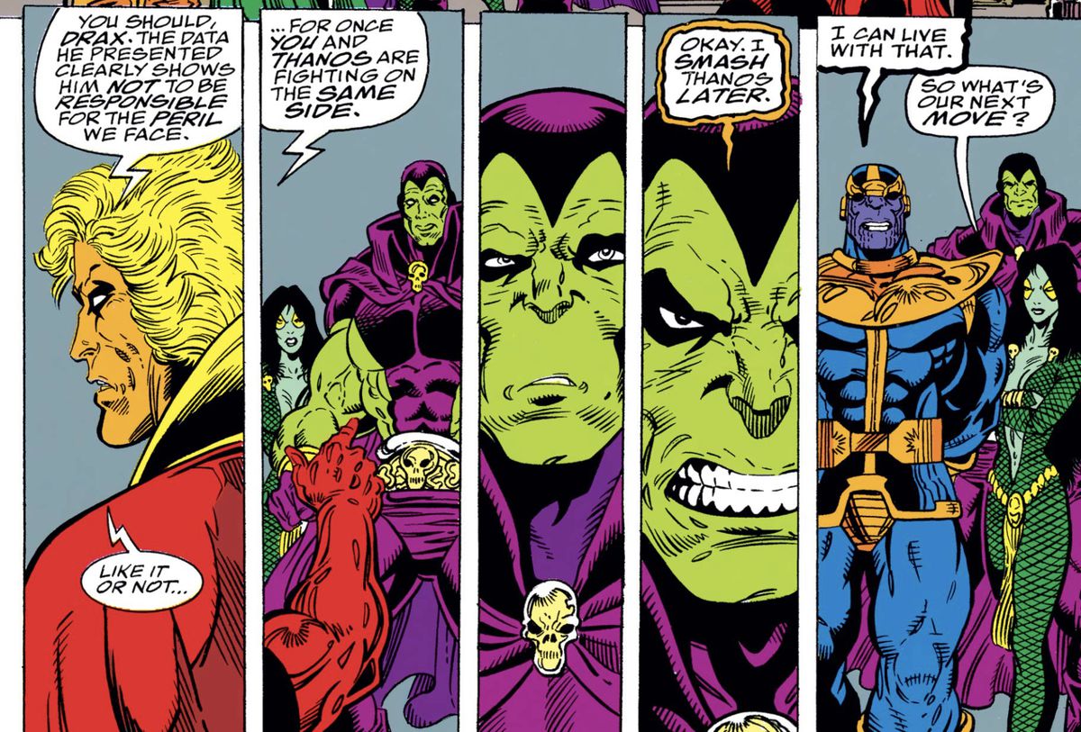 Adam Warlock, Gamora, Drax, and Thanos discuss how they must work together, and Drax will smash Thanos later in Infinity War #2 (1992).