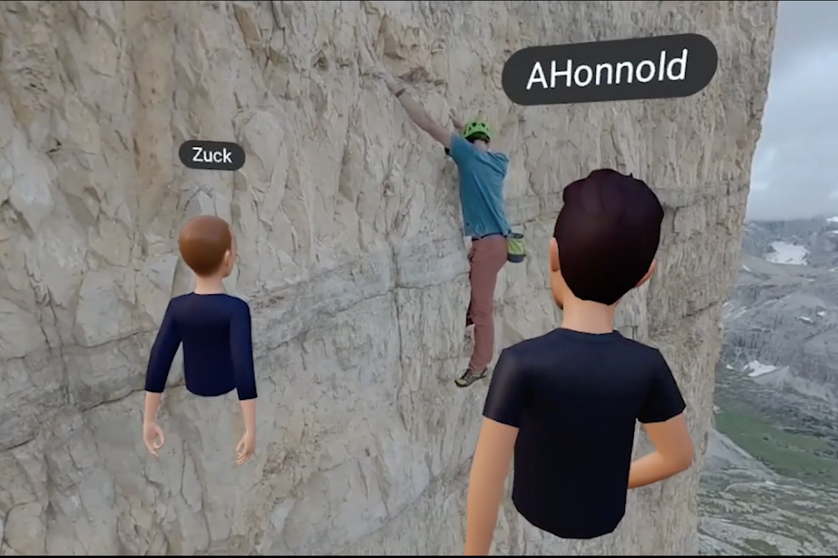 A screenshot of two avatars labeled Zuck and AHonnold watching a climbing video in VR
