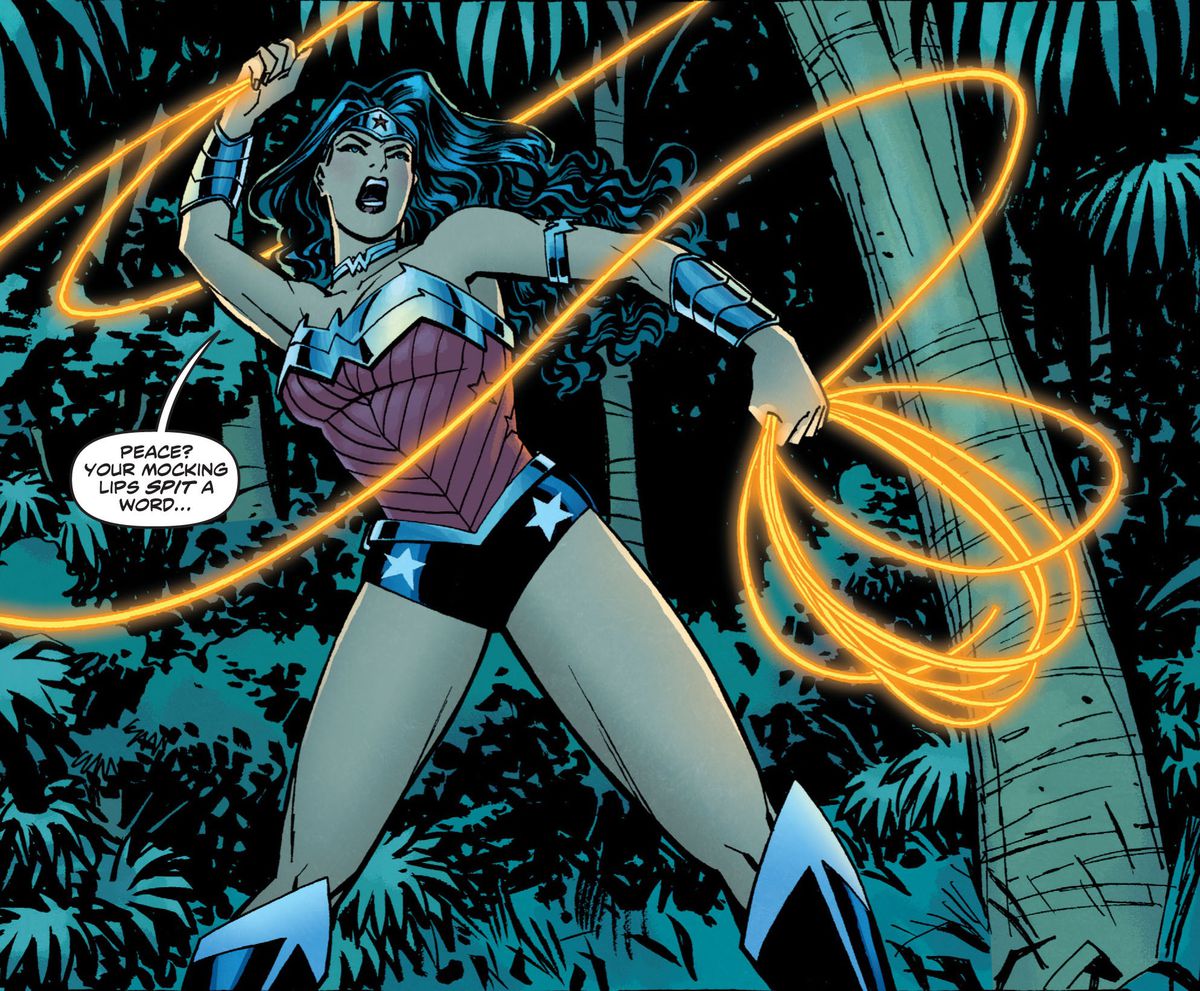 Wonder Woman flicks her lasso of truth while saying “Peace? Your mocking lips spit a word your tongue has never tasted.”