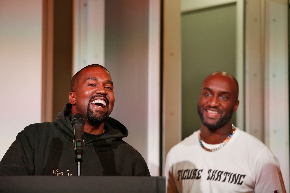 Kanye West and Virgil Abloh share a humorous moment during a special private event at the Museum of Contemporary Art Chicago celebrating the opening of the exhibit “Virgil Abloh: ‘Figures of Speech.”