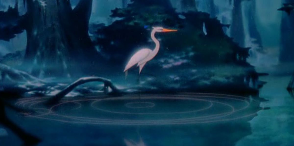 An animated white heron with a bright orange bill stands amid ripples in a pool of water in a bayou in the Disney short “Blue Bayou”