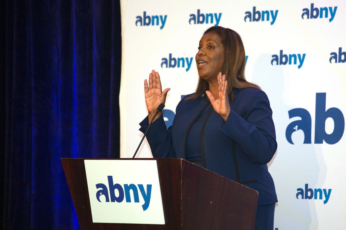 State Attorney General Letitia James speaks at an Association for a Better New York breakfast in Lower Manhattan, Sept. 29, 2021.