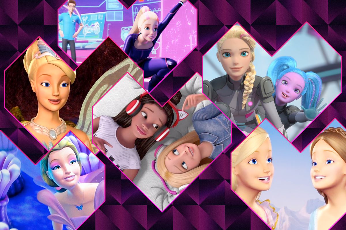 A collage of animated Barbie movies in hearts.