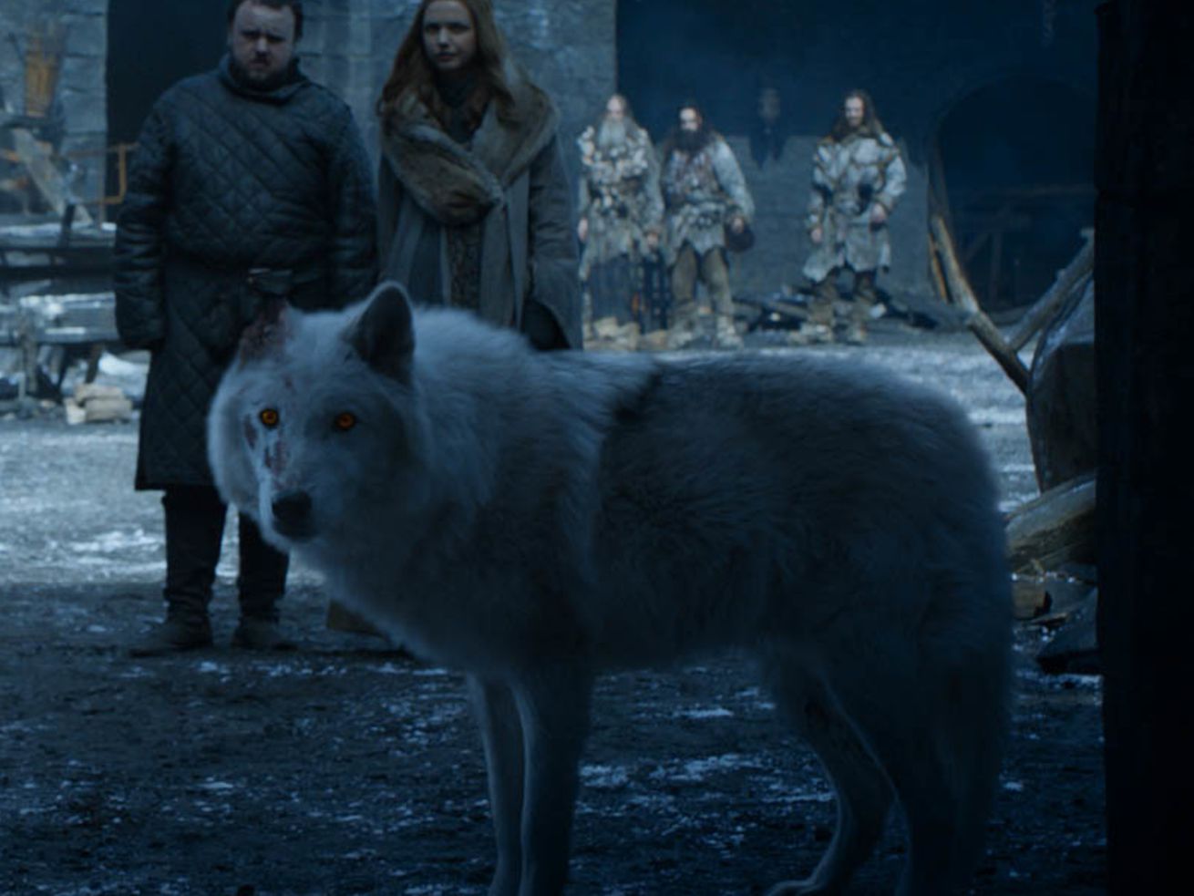 Ghost the direwolf bids farewell to Jon Snow in em Game of Thrones/em, Seas...